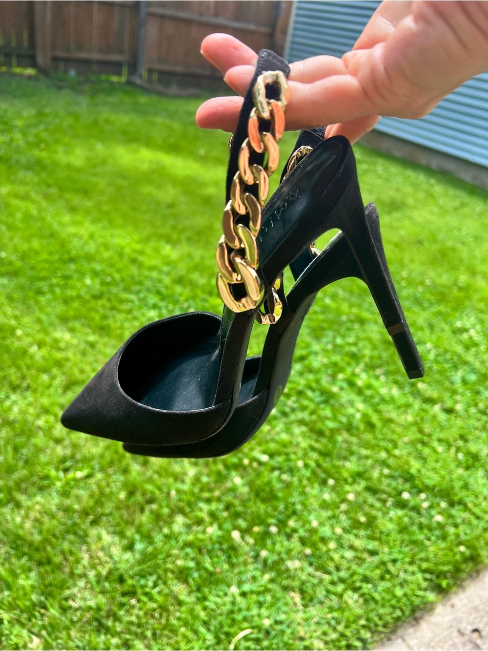 Aminah Abdul x INC stilletos black velvet chain Heels Pointed Toe Slingback 8.5